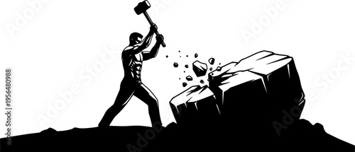 Motivational perseverance concept vector illustration, man breaking stone with hammer, success through hard work, determination, persistence, and effort in achieving goals, silhouette design