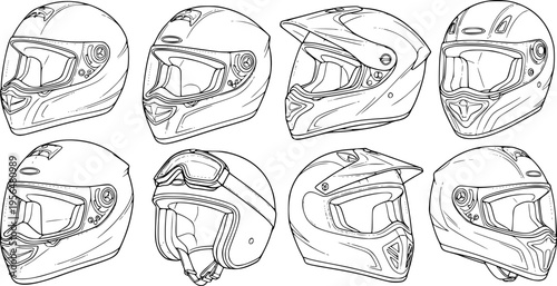 WebMotorcycle helmets line art illustration, detailed vector drawing of safety headgear for bikers, motor racing, adventure riding, and protection concept