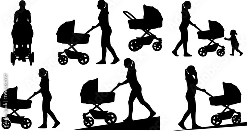 Mother pushing baby stroller silhouette set showing walking women in different poses, parenting lifestyle, childcare routine, family activity, black vector illustration isolated on white background