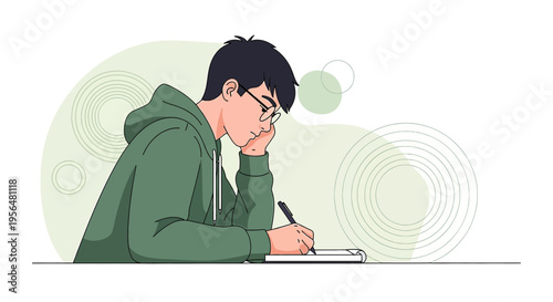 Illustration of a Focused Young Student Concentrating on Writing or Drawing with Pen on Paper
