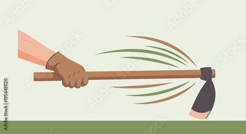 Illustration of a gloved hand swinging a hoe, representing tilling soil and preparing for planting