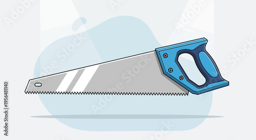 Illustration of a hand saw with a blue handle on a light background featuring soft shapes