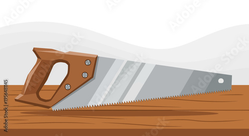 Illustration of a hand saw with wooden handle on the lumber table background drawing