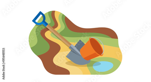 Illustration of a landscape with a shovel, bucket, and topographic contour lines evoking outdoor