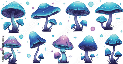 Fantasy glowing mushrooms collection with magical toadstools blue purple bioluminescent fungi vector illustration set