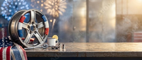 Car wheel with American flag and coffee cup on festive background  