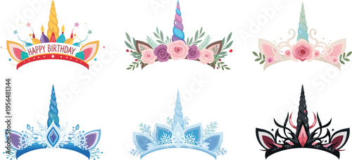 Unicorn crown headbands collection with floral fantasy tiaras birthday and magical accessories vector illustration set