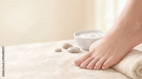 Relaxing foot massage with cream and smooth stones on towel  
