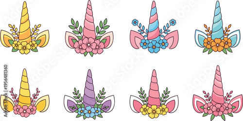 Unicorn crown headbands collection with floral fantasy tiaras birthday and magical accessories vector illustration set