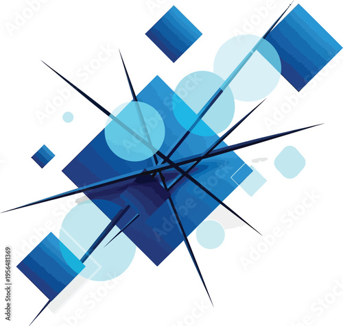 Dynamic abstract geometric composition featuring sharp blue squares and translucent circles overlapping with intersecting dark angular lines against a clean white background