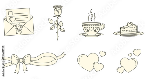 Valentines Day icons set in simple beige line art with soft warm lighting for greeting card