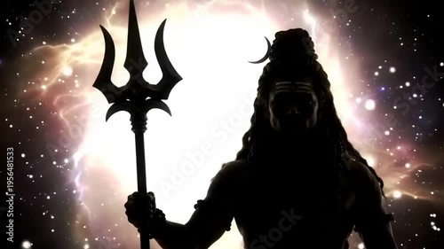 Silhouette of Lord Shiva holding Trishul against cosmic background.