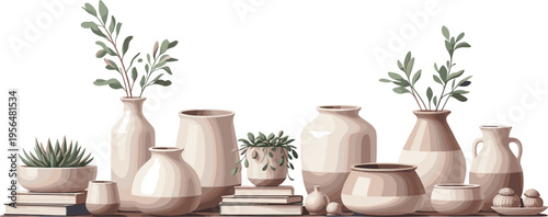 Ceramic vases with plants collection arranged on books decorative home interior composition vector illustration