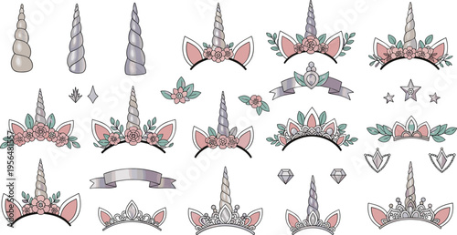 Unicorn headbands and decorative elements collection with horns ears flowers and fantasy accessories vector illustration set