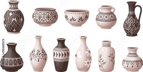 Decorative ceramic vases collection with traditional patterns ornamental pottery vector illustration set