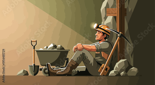 Illustration of a tired miner taking a break in a deep underground with equipment