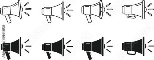 A collection of eight megaphone icons in various shades of black and white