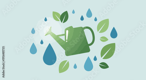 Illustration of a watering can with leaves and water droplets for gardening themes