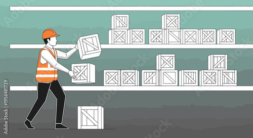 Illustration of a warehouse worker stacking wooden crates on shelves in an organized fashion