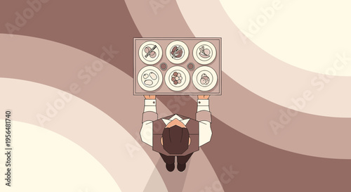 Illustration of a waiter carrying a tray with dishes in a stylized retro aesthetic