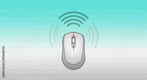 Illustration of a wireless computer mouse with signal waves against a gradient backdrop showcases