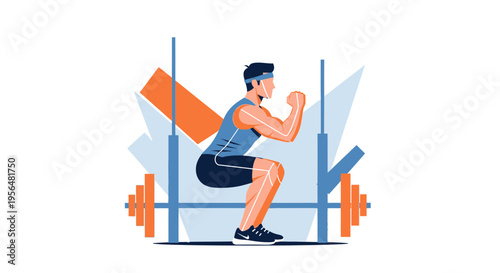 Illustration of a weightlifter performing squats with barbell, emphasizing strength and fitness