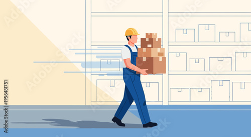 Illustration of a worker carrying boxes in a warehouse, conveying efficiency and logistics