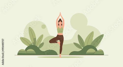 Illustration of a woman performing the tree pose in a serene nature setting for relaxation