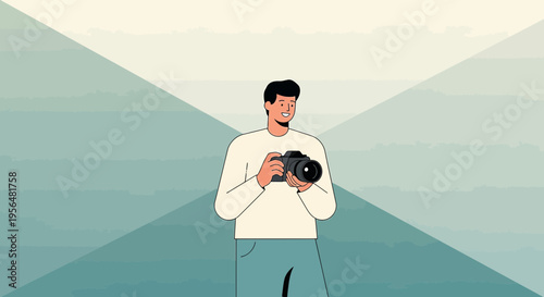 Illustration of a young photographer with camera holding in nature backdrop minimal style