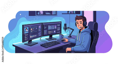 Illustration of a young man with dual monitors streaming or online podcasting setup