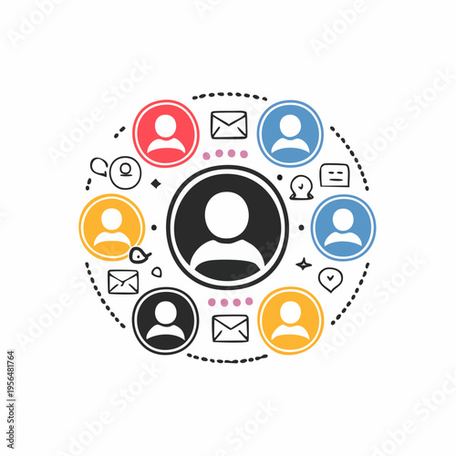 Centralized business network illustration with interconnected user profiles, email icons, and communication symbols, representing collaboration and connectivity