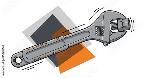 Illustration of an adjustable wrench gripping a nut with decorative elements