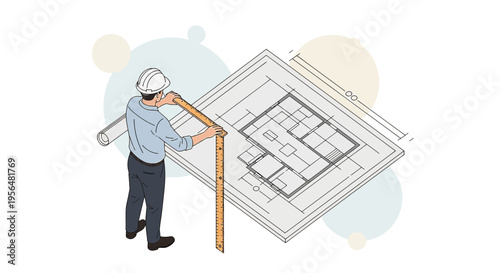 Illustration of an architect inspecting a building plan with a ruler in hand