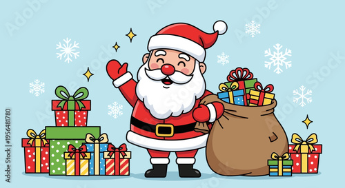 Cartoon Santa Claus waving with gifts and a bag of presents