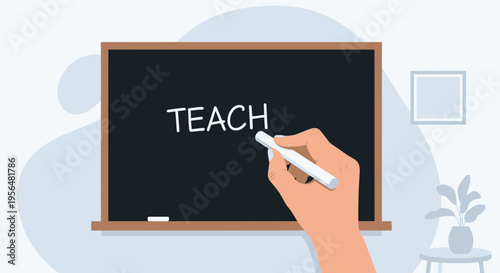 Illustration of a person writing teach on a blackboard in a classroom setting scene
