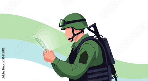 Illustration of a soldier in combat gear examining a map for tactical planning operation