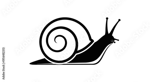 Black and white silhouette of a snail with a spiral shell and antennae, moving slowly.