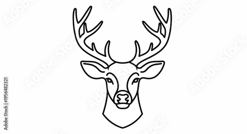 Simple black and white line art illustration of a majestic deer head with large antlers, facing directly forward.