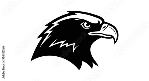 A striking black and white graphic illustration of an eagle's head in profile, featuring a sharp beak and intense eye, against a plain white background.