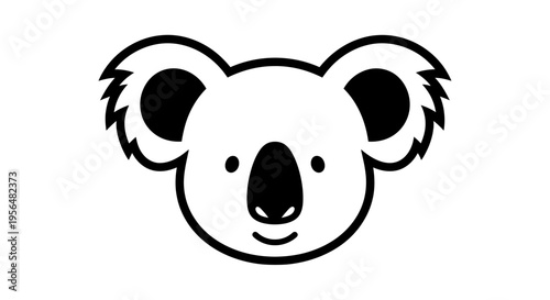 Simple black and white line art illustration of a cute koala bear's face, cartoon style, isolated on a white background.