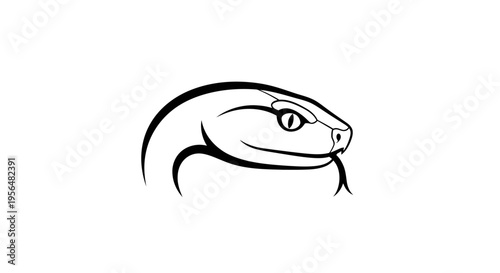 Black and white illustration of a snake's head with its tongue flicking out, depicted in a stylized graphic design.