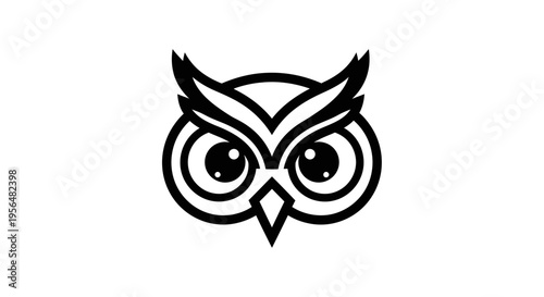Minimalist black and white illustration of an owl's head with large eyes and sharp features.