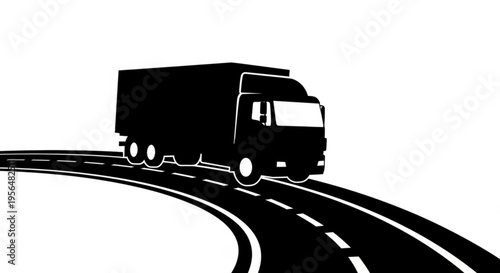 Silhouette of a Large Delivery Truck Driving on a Curved Highway with Clear Road Markings — Transportation, Logistics and Freight Concept