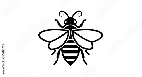 A simple, stylized black and white illustration of a bee with striped body and transparent wings.