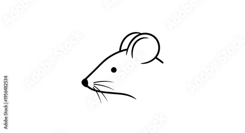 A simple black and white line art drawing of a mouse's head in profile, showing its ear, eye, snout, and whiskers.