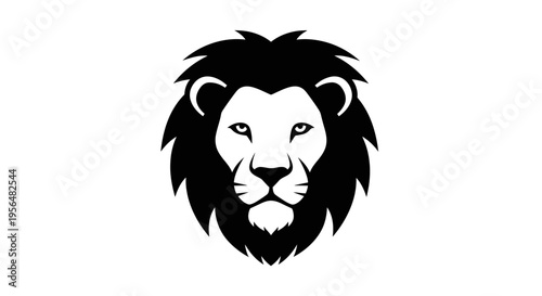 A striking black and white vector illustration of a majestic lion's head with a full mane, facing forward.