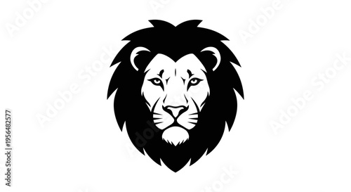 A striking black and white illustration of a majestic lion's head with a full mane, facing forward.