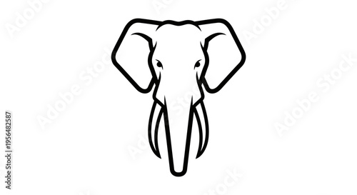 Front view of an elephant's head with large ears and tusks in a black and white outline illustration.