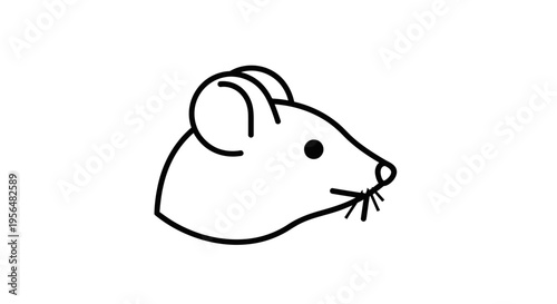 Simple black and white line art drawing of a mouse head with whiskers and an ear.