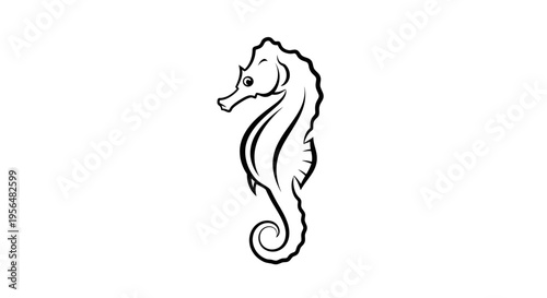 A detailed black and white outline drawing of a seahorse with intricate lines.